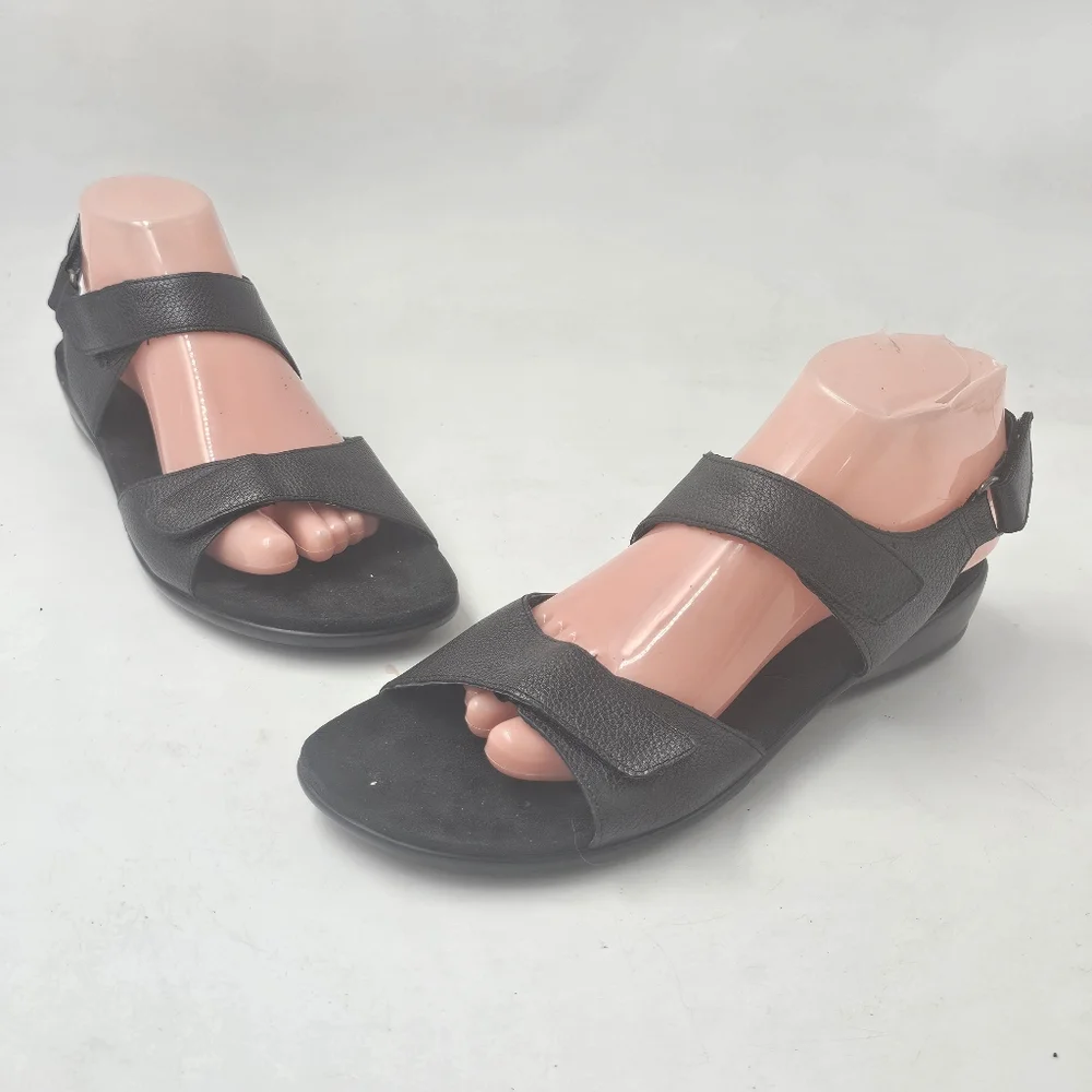 Easy Spirit Hartwell Black Leather Adjustable Comfort Sandals Wedge Size 9.5